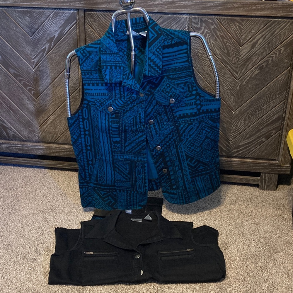 Chico's Teal and Black Patterned Vest and black vest, 2 vests sleeveless top